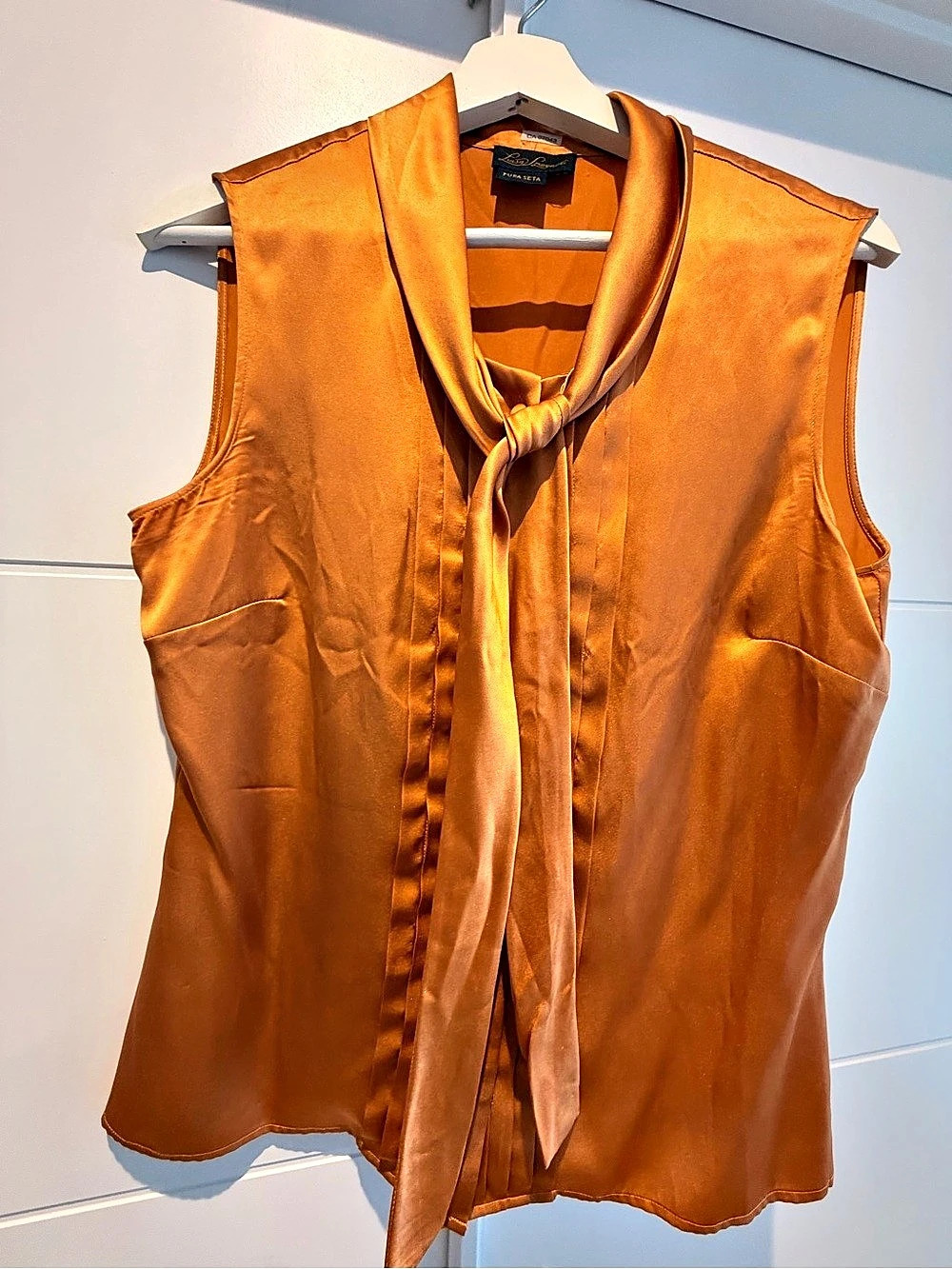 Luisa Spagnoli Lina Silk Blouse Orange Sleeveless Tie-Neck